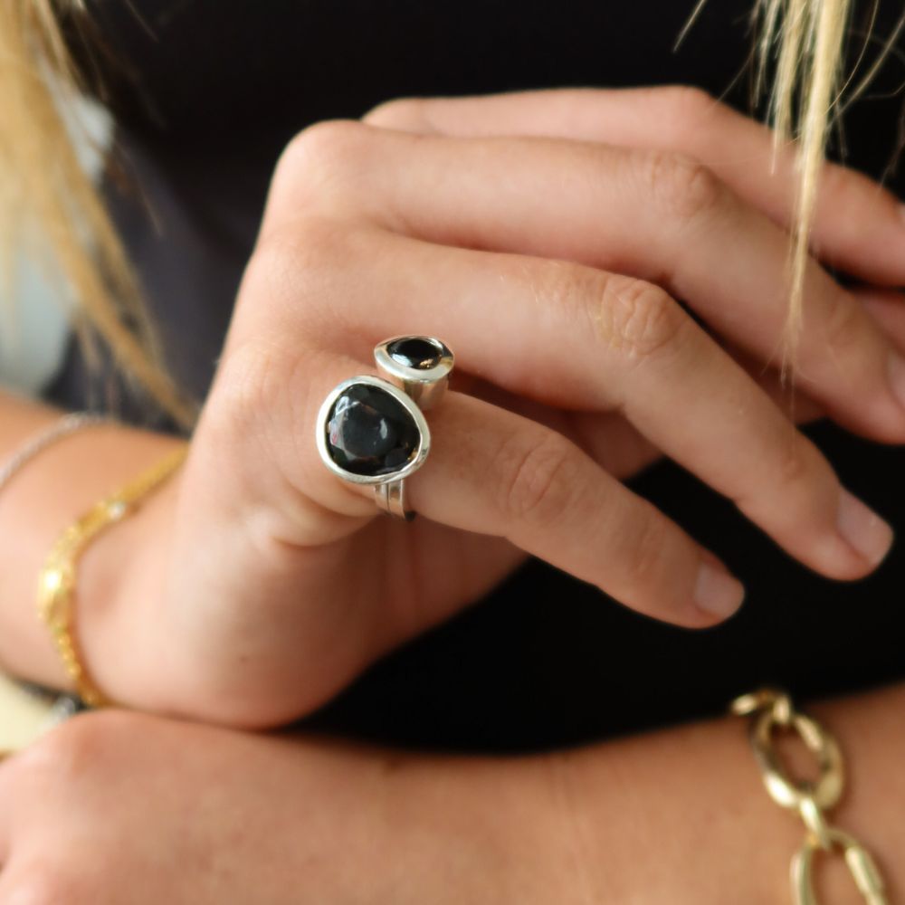 Celebration Stacker Ring - Large Tri-Cut Black Agate