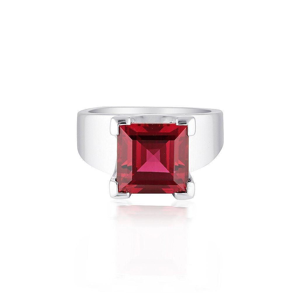 Emerald Cut Square Gemstone Ring - Ruby Corundum - Sterling Silver