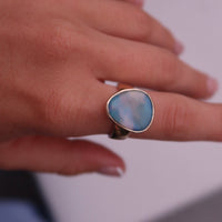 Evolution Ring Opal - 9ct Yellow Gold - Size P/Q - Sky Coloured Australian Opal