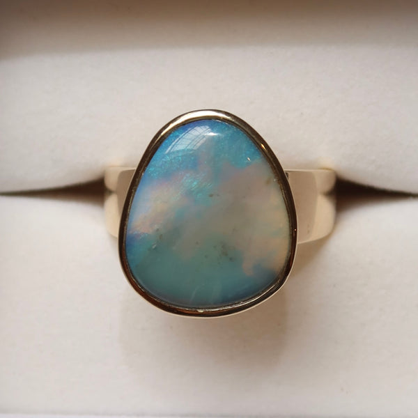 Evolution Ring Opal - 9ct Yellow Gold - Size P/Q - Sky Coloured Australian Opal