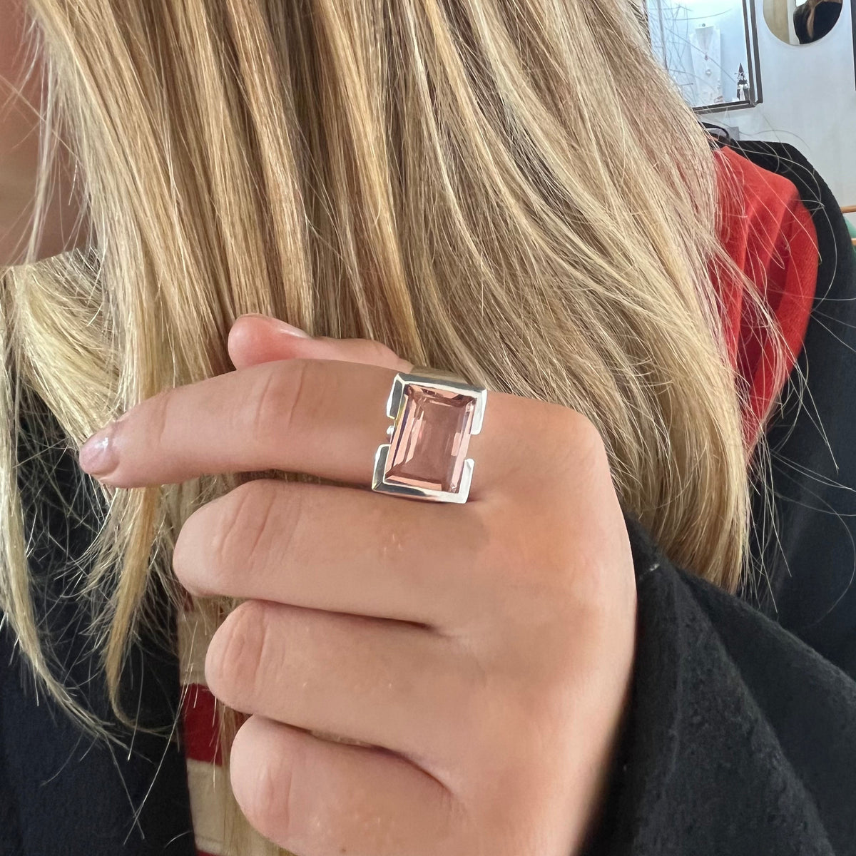 Horizon Emerald Cut Gemstone Ring | Blush Quartz