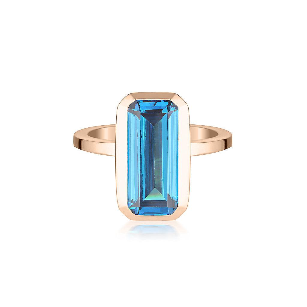 Rose Gold Celebration Stacker Ring - Large Emerald Cut Rectangle - Blue Zircon