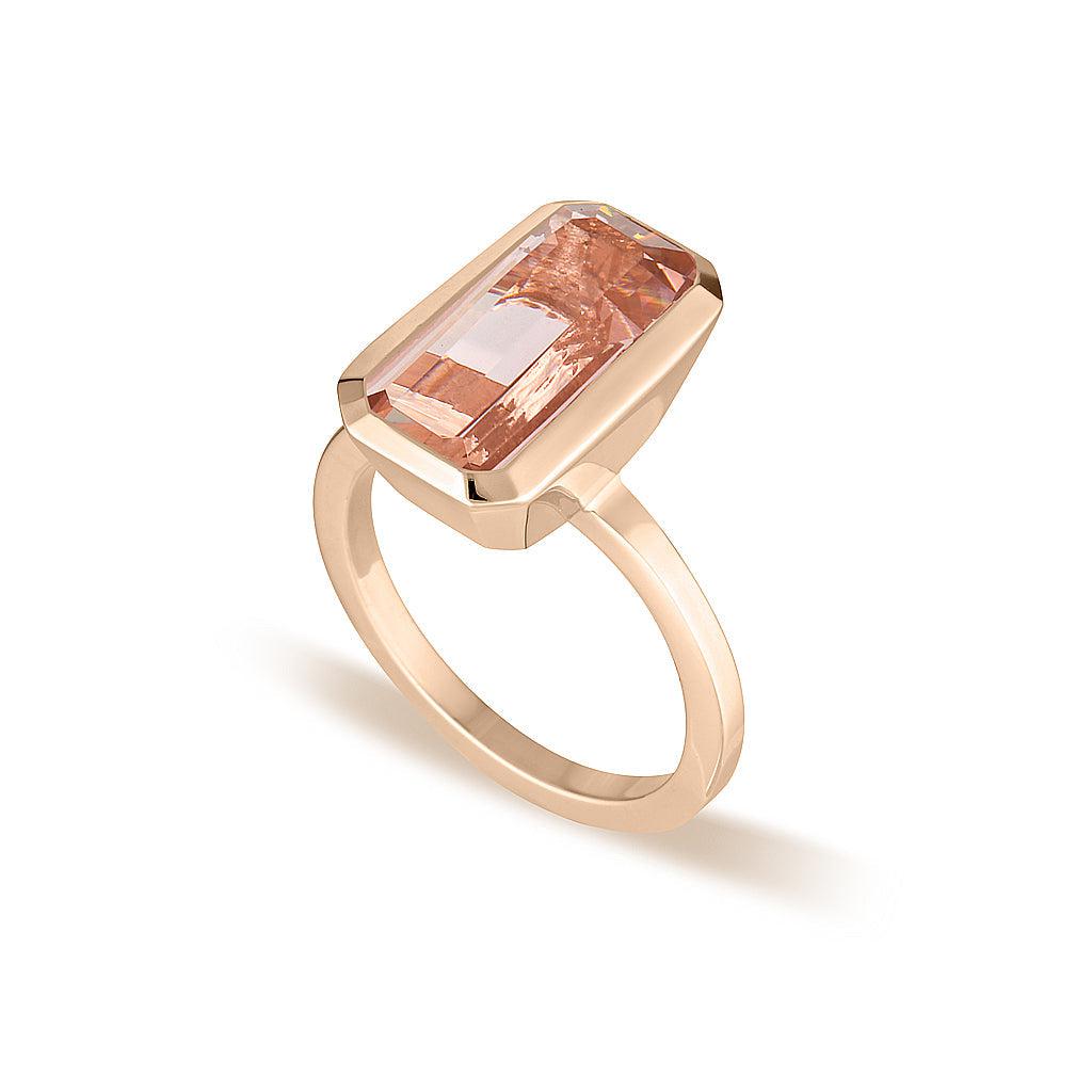 Rose Gold Celebration Stacker Ring - Large Emerald Cut Rectangle - Blush Quartz