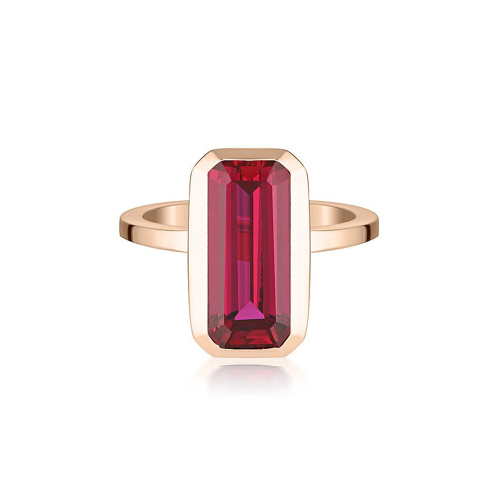 Rose Gold Celebration Stacker Ring - Large Emerald Cut Rectangle - Red Corundum