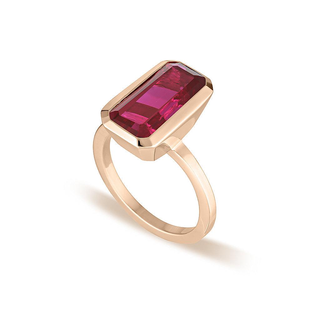 Rose Gold Celebration Stacker Ring - Large Emerald Cut Rectangle - Red Corundum