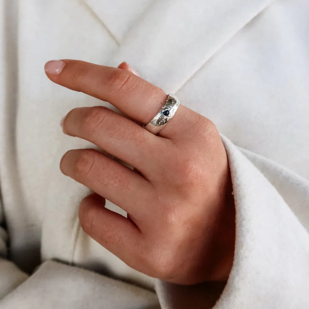 Sterling Silver Sandcast Ring | Black Sapphire | Made To Order