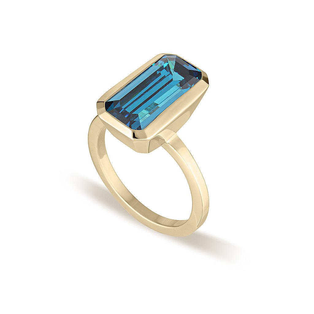 Yellow Gold Celebration Stacker Ring - Large Emerald Cut Rectangle - Blue Zircon