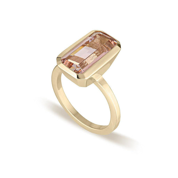 Yellow Gold Celebration Stacker Ring - Large Emerald Cut Rectangle - Blush Quartz