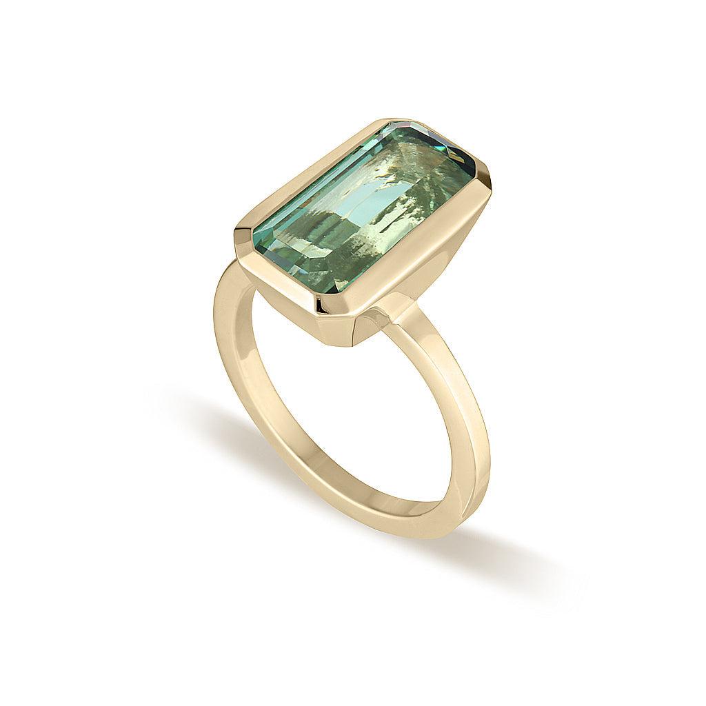 Yellow Gold Celebration Stacker Ring - Large Emerald Cut Rectangle Green Amethyst