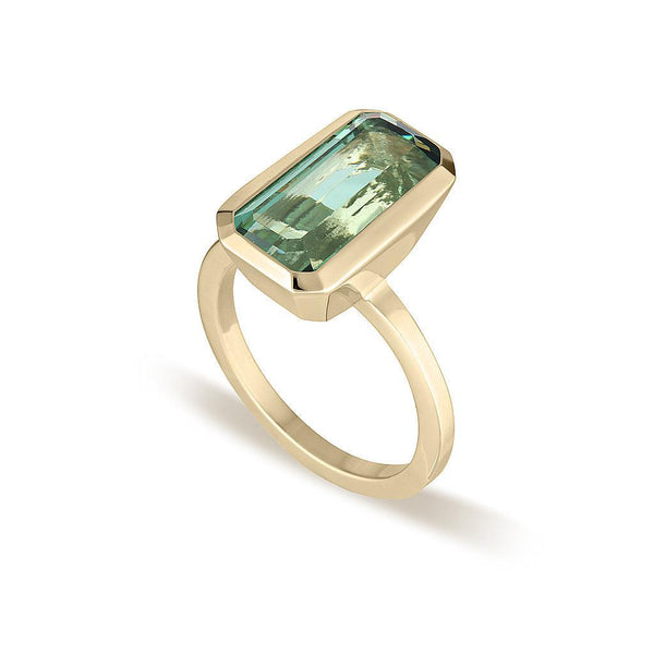 Yellow Gold Celebration Stacker Ring - Large Emerald Cut Rectangle Green Amethyst