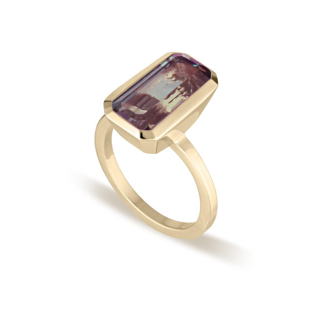 Yellow Gold Celebration Stacker Ring - Large Emerald Cut Rectangle - Smoky Quartz