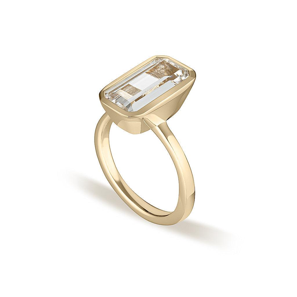 Yellow Gold Celebration Stacker Ring - Large Emerald Cut Rectangle - White Sapphire