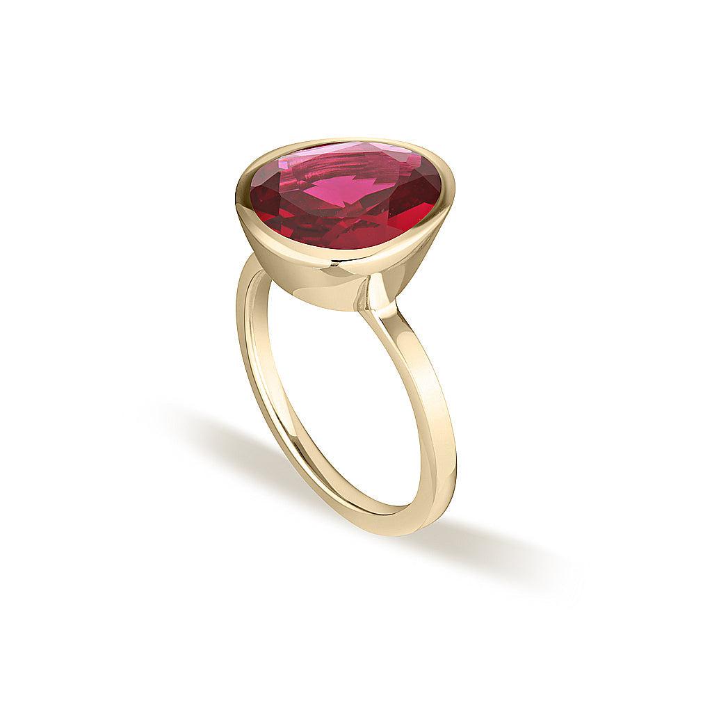 Yellow Gold Celebration Stacker Ring - Large Tri-Cut - Red Corundum