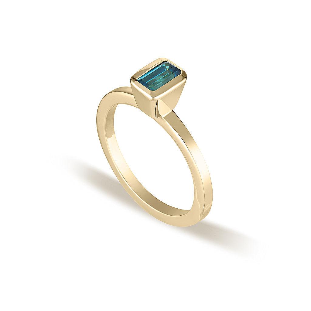 Yellow Gold Celebration Stacker Ring - Small Emerald Cut Rectangle - Blue Zircon