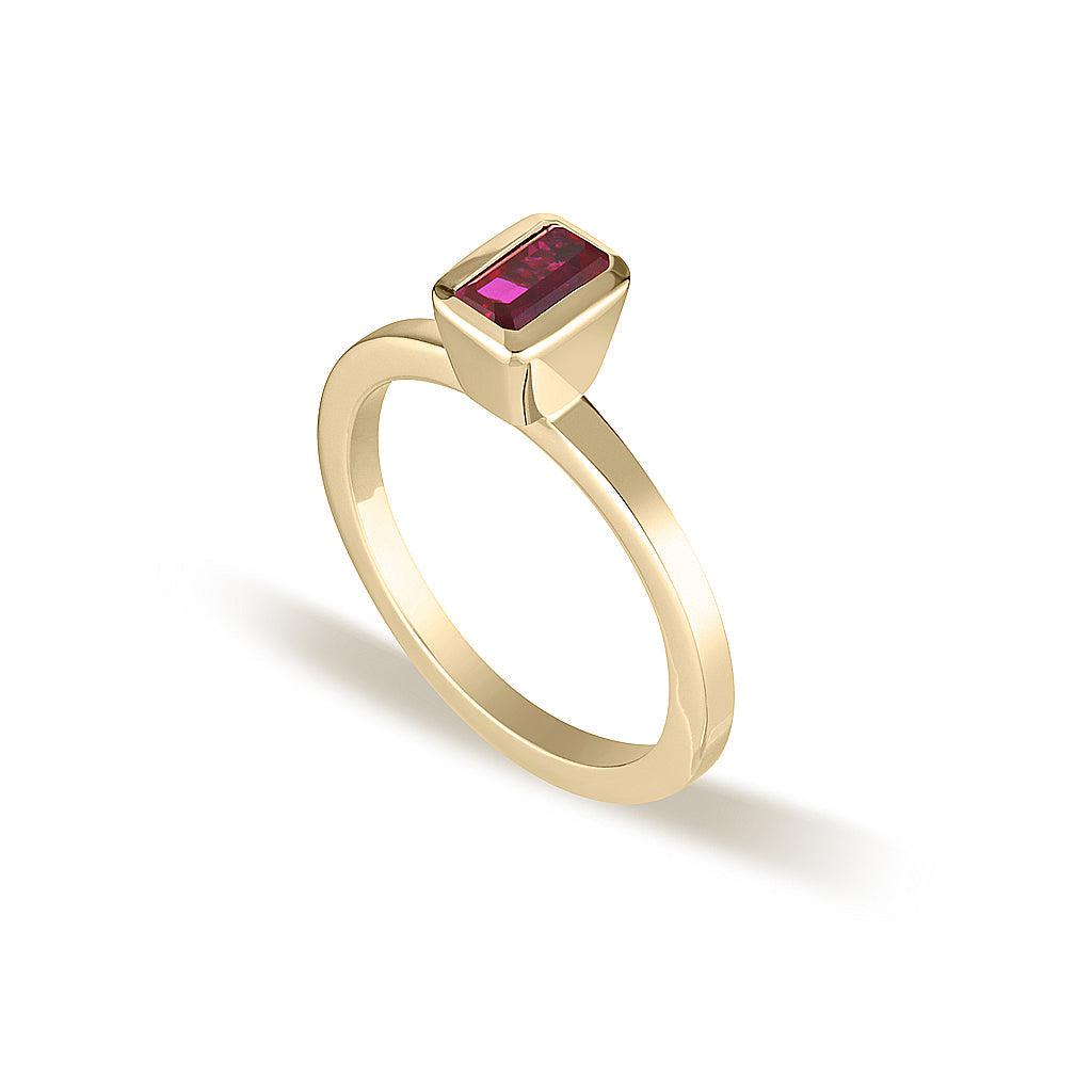 Yellow Gold Celebration Stacker Ring - Small Emerald Cut Rectangle - Red Corundum